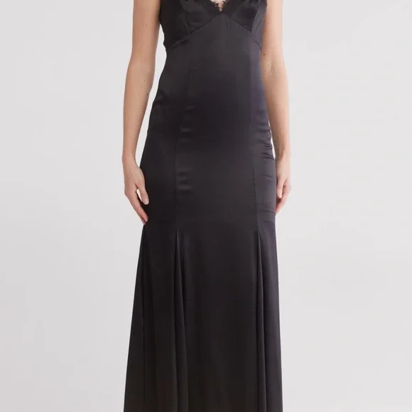 L'AGENCE Black Silk Gown with Lace Edging